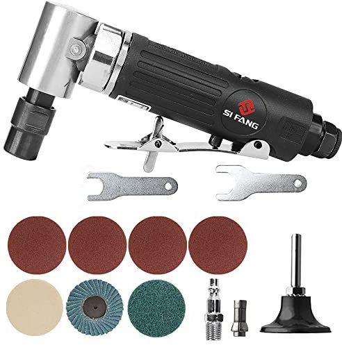 SI FANG Right Angle Air Die Grinder Kit, 90 Degree Compressed Die Grinder with 50mm Roll Lock Sanding Discs Mix Polishing Set, 20,000 RPM Professional 1/4 Mini Pneumatic Sander Polisher Grinding Tool