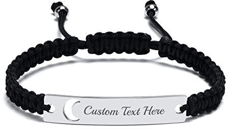 FLHEART Personalised Braided Bracelet - Personalised Stainless Steel Moon Braided Handmade Rope Bracelet for Men Women Friend Custom Name Plate ID Bracelet Adjustable