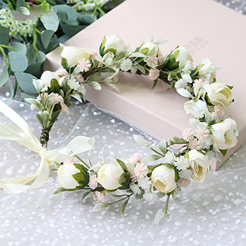Rose Halo Blumenkranz Krone Floral Haargirlande Kopfschmuck mit Band Boho Festival Hochzeit Rosa Beige Einheitsgröße