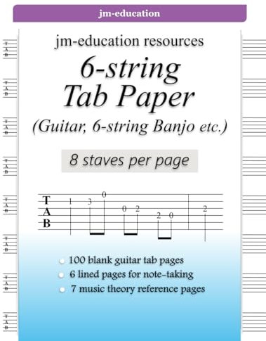 6-String Tab Paper (Guitar, 6-string Banjo etc.): 8 staves per page