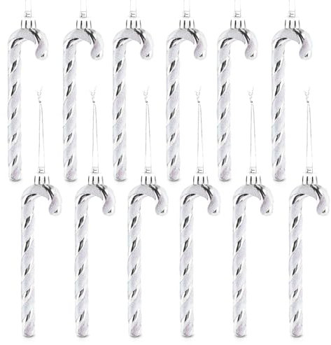 Zuckerstangen Weihnachtsbaum, 12 Stück Zuckerstange Deko, Weihnachtsdeko Zuckerstangen Anhänger zum Weihnachtsbaum mit Kordel,Glitzernd Silber,13 cm