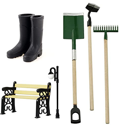 Miniatur Puppenhaus Gartengeräte 6Stück Mini Ornament Straßenlaterne Parkbank und Paar Mini-Regenstiefel Geeignet zum Dekorieren eines Minigartens
