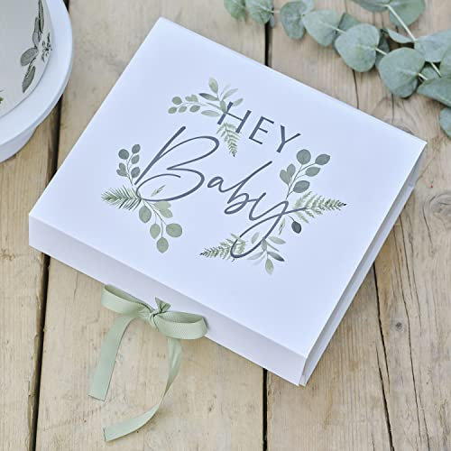 Ginger Ray Hey Baby Andenken Babyparty Geschenkbox mit Salbeiband Dekoration, weiß