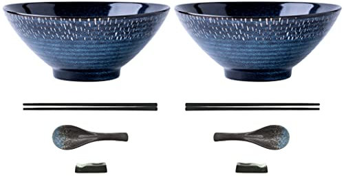 Ramen Schüssel Set aus Keramik-8er Set,2x Ramen Bowl mit Essstäbchen Keramikschale & Rahmen Löffel für Asiatische Nudeln und Udon (2-teiliges Schüssel-Set)