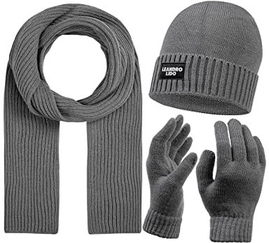 Leandro Lido Epomeo 3-teiliges Winter-Set aus Mütze, Handschuhen und Schal, für Herren. Aus weichem, wärmendem Strickmaterial, optimal für kalte Tage. In Schwarz, Grau und Blau (Grau)