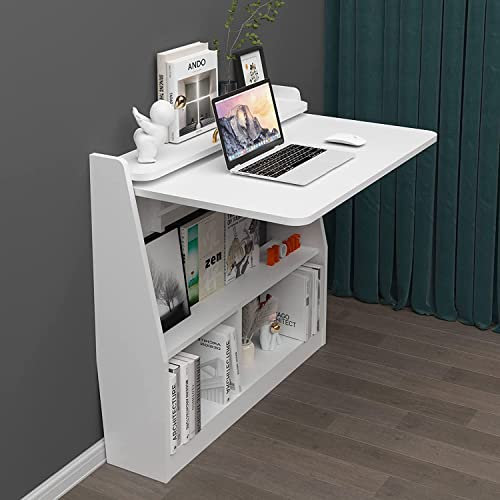 Pmnianhua Bureau Mural Rabattable,Bureau d'ordinateur Portable Mural en Bois Multifonctionnel avec Étagères de Rangement Station de Travail de Table de Bureau à Domicile (White)