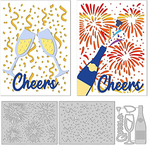 GLOBLELAND Party Confetti Background Cut Dies Festival Celebration with Fireworks Paper Scraps Wine Glass Stainless Steel Cutting Dies for DIY Scrapbooking Paper Craft Card Making