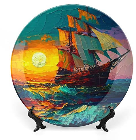 Gokays Decorative Plates, Sunset Sailing Ship Blue Sea Painting Ceramic Dinner Plate Home Wobble-Plate with Display Stand, Wall Hanging Decor for Living Dining Room Kitchen Household 18 CM