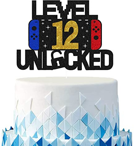 Tortendeko Junge 12 Videospiel Torten Deko Doppelseitiges Glitzerpapier LEVEL 12 UNLOCKED Happy Birthday Cake Topper für Geburtstag Deko 12