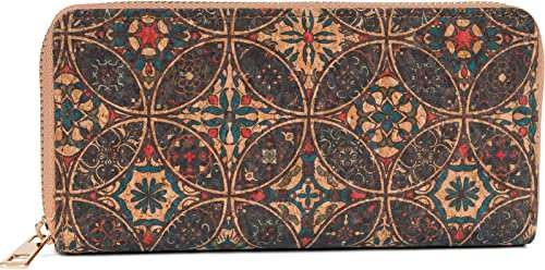 styleBREAKER Damen Geldbörse aus Kork mit Buntem Muster Print im Ethno Look, Reißverschluss, Portemonnaie 02040138, Farbe:Schwarz-Petrol-Rot