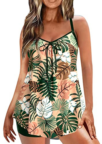 Maillot De Bain Shorty Femme Bandeau Imprimé Hawaïen Tankini avec Armature 2 Pieces Retro Mode pour Cacher Le Ventre Ventre Plat Bas Grande Taille Natation Monokini(01Vert,XXL)