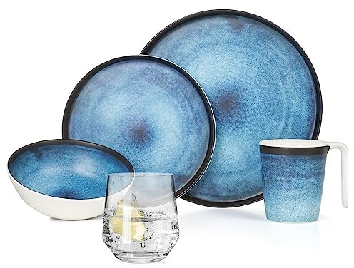 Melamin Camping Geschirr Set 4 Personen Deep Ocean + 4 Milano Gläser Wassergläser Tafelgeschirr Picknick BBQ Kochgeschirr