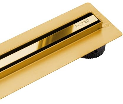 BALNEO Canal de Ducha, Canal de Desagüe 60cm Desagüe de Suelo con Espejo Dorado de Acero Inoxidable, Panel Estrecho de 14mm, Juego Completo, Bajo 57mm, Desagüe de Ducha Proline Delgado y Bajo