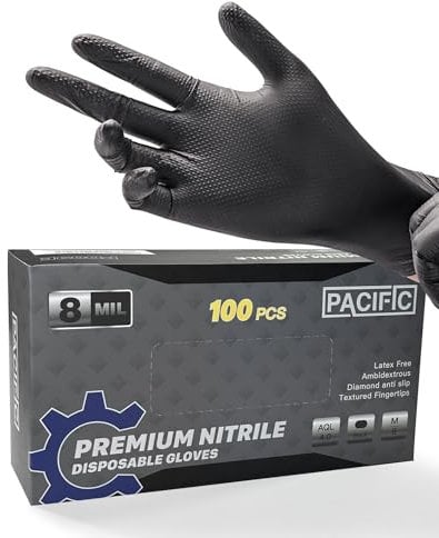 PACIFIC PPE Guantes desechables de nitrilo, extrafuerte, 8 mils, guantes mecánicos industriales, guantes negros resistentes, textura de diamante, medianos, 100 unidades