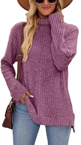 Famulily Baggy Pullover für Frauen - Rollkragen, Langarm gestreifte Seitensplits Tops (XL, Wein)