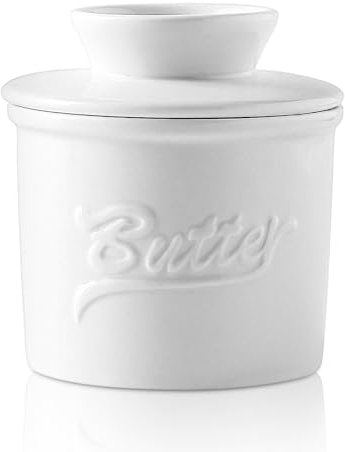Coccio Portaburro Francese Con Coperchio, Contenitore in Ceramica per Piano di Lavoro, Bancone Cucina (Bianco)