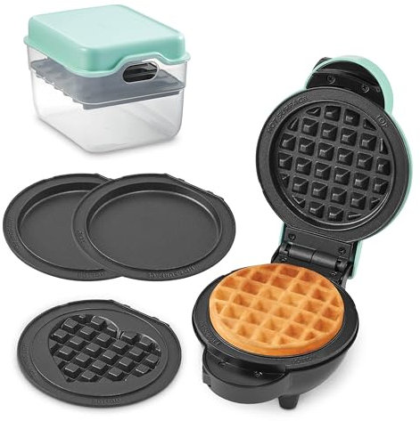 DASH Mini fabricante de placas múltiples con 5 platos extraíbles para gofres y estuche de almacenamiento, waffle, corazón waffle, y platos de plancha