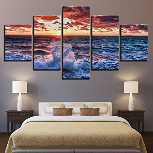 Tableau Multi Panneau 5 Parties Tableau Impression Sur Toile Paysage Plage Océan Lever De Soleil Avec Cadre 150 X 100 Cm 5 Pieces Toile Tableau Tableaux Decor Murale Salon Moderne Pour Salon Chambre