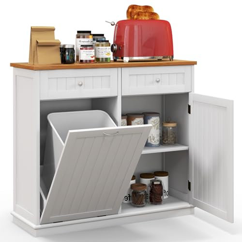 GIANTEX Meuble de Cuisine Rangement, Buffet de Cuisine Vaisselier avec 2 Tiroirs & Armoire à Porte, Placard Commode à Plateau pour Salon Buanderie Toilette, Convient à Poubelle (Non Inclus) (Blanc)