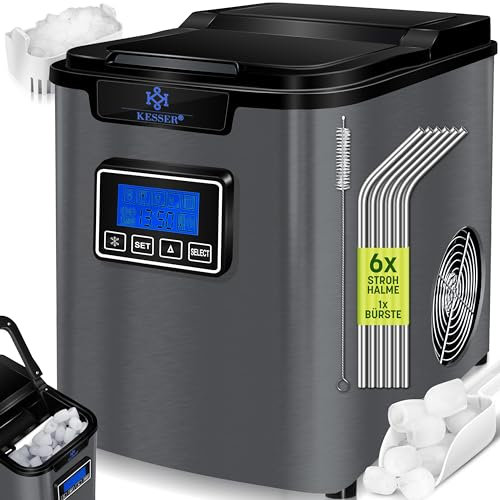 KESSER® Eiswürfelbereiter | Eiswürfelmaschine Edelstahl | 150W Ice Maker | 12 kg 24 h | 3 Würfelgrößen | Zubereitung in 7 min | 2,2 Liter Wassertank | Timer | LCD-Display | Inkl. Zubehör, Anthrazit