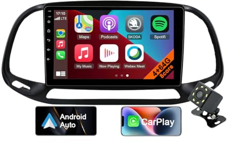 Autoradio für FIAT Doblo 2015-2019 mit Wireless CarPlay/Android Auto, 9 Zoll Touchscreen, Bluetooth Freisprechfunktion, GPS-Navigation, FM RDS, WLAN, USB+Rückfahrkamera (8core 4GB+64GB)