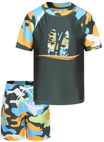Maillot de Bain UV Garçon 2 Pièces - T-Shirt Anti UV Enfant à Manches Courtes et Short de Bain pour Surf, Natation, Piscine, Plage - 13-14 Ans