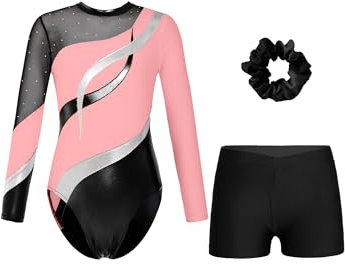 Alvivi Kinder Mädchen Turnanzug Glitzer Gymnastikanzug mit Kurze Hose Haarband Langarm Ballettanzug Gymnastikbody Turntrikot Wettbewerb Tanzkostüm Rosa&Schwarz 170-176