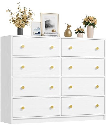 Nicehill White Chest of Drawers with 8 Drawers, Wooden Frame & Gold Handles, Fabric Chest of Drawers for Bedroom, Living Room, Hallway, Entryway, White