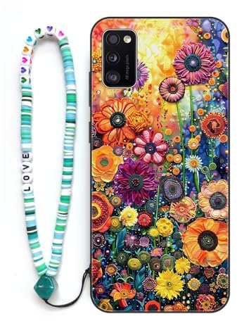 Sinyunron Hülle Kompatibel mit Samsung Galaxy A41,Handyhülle 2-in-1 Hybrid Set [Stoßfeste TPU Schutzhülle+Gemusterte Rückseite],Handy Schutzschale mit Buntes Schlüsselband,Bunte Blumen