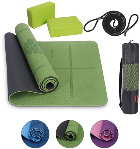 Habib Group Yogamatte Satz inklusive Yogablöcke - Rutschfeste Gepolsterte Trainingsmatte für Fitness Inklusive Yogagurt und Tasche - 2er Set YogaBlöcke für Pilates,Meditation,Erholung - Grün