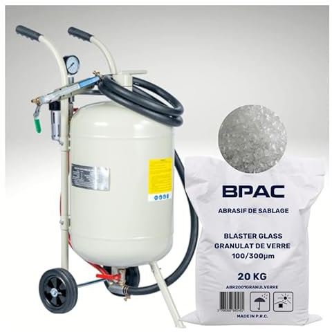 BPAC Sabbiatrice mobile 40 L + Abrasivo Granulato di Vetro 20 KG – Kit sabbiatura per cabina sabbiatura con sacchetto di Abrasivo