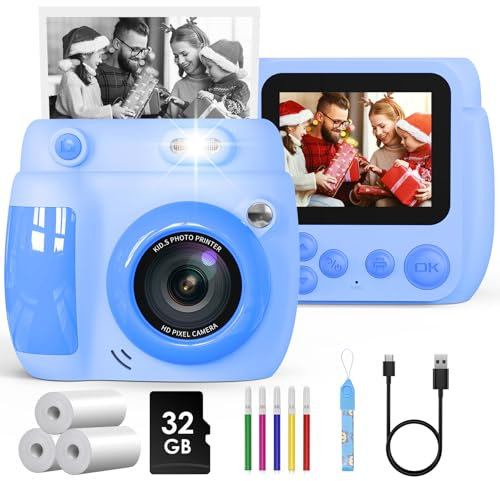 Gofunly Sofortbildkamera Kinder, 2,4 Zoll Bildschirm Kinderkamera Sofortbildkamera mit 32GB Karte & Druckpapier, 1080P HD Kamera Kinder Sofortdruck, Geschenk für 3-12 Jungen und Mädchen (Blau)