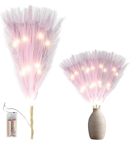 45cm Prelit Pink Pampas Grass Stem, Warm White LEDs Battery-Operated Christmas Artificial Flowers for Boho Wedding Bedroom Living Room Decorations