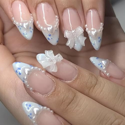 Irikdescia 24 Stück Französischer Press On Nails In Medium Mit Schleife, Nude Mit Perlen Und Schleife Nägel Zum Aufkleben, French Tip Almond Formige Fake Nails(Blau)