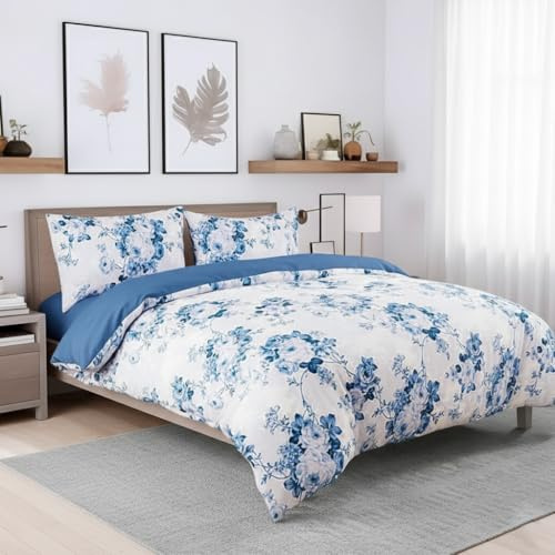 ZIYA HOMES Super King Duvet Cover Set Polycotton 3 Piece - Printed Reversible Bedding, Soft Easy Care Quilt Cover with Pillowcases (Vintage Floral Blue, 260x220 cm)