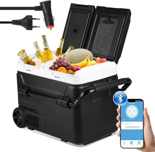Jiubiaz Kompressor Kühlbox 50 L, Kühlbox Auto Mit APP-Steuerung, 12/24 V und 100-240 V Kühlbox Elektrisch, Kühlschrank Kühlung bis -20 °C für Auto, Lkw, Camping und zwei Temperaturen