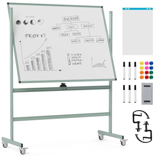 COSTWAY Tableau Blanc Effacable sur Pied 120x90cm, Double Face, Tableau Blanc Magnétique, 2 Hauteurs Réglables, Cadre en Métal, 4 Roulettes Verrouillables, pour École, Bureau, Maison (120x90cm,Vert)