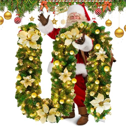 Fancysky Guirnaldas Navideñas con Luces LED, 1.8m, Corona Artificial, Decoración Navideña, Se Puede Utilizar en Escaleras, Armarios, Puertas de Entrada, Interiores y Exteriores (Dorado)