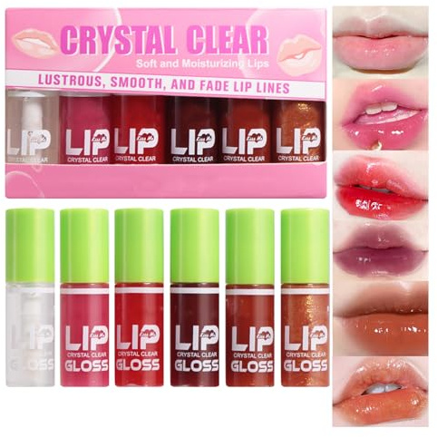 6PCS Fat Oil Lip Gloss Mini,Small Brush Head Hydrating Transparent Lip Glow Oil for Women Moisturizing Tinted Lip Plumper Gloss Longlasting Non-sticky