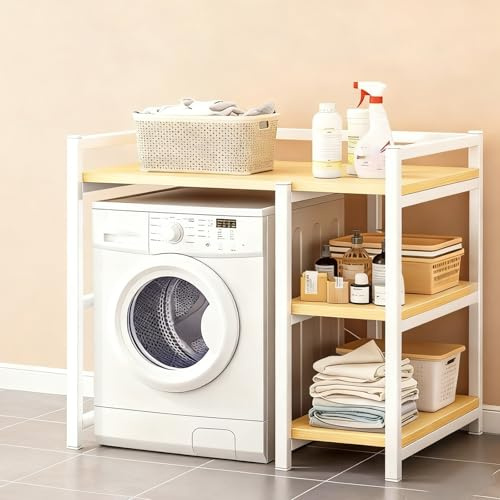 Trommel-Waschmaschinen-Bodenregal, Universales Waschmaschinen Regal Front/Toplader, Multi-Etagen Organizer mit X-Verstrebung & Verstellbaren Anti-Rutsch Füßen(White,Roller Model-85cm/33.4in)