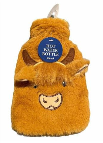 Hairy Highland Cow Hot Water Bottle, Fluffy Coo Cover, 2 L Winter Warmer