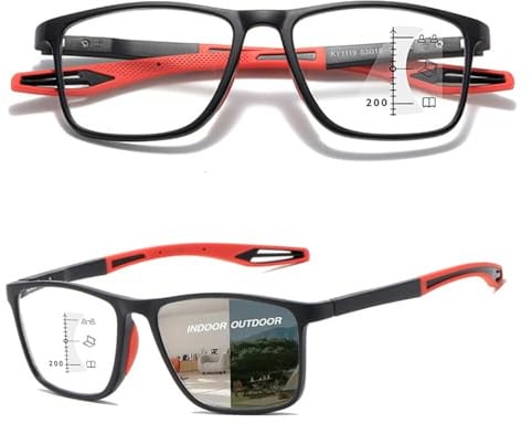 Selbsttönende Gleitsicht Lesebrille Gleitsichtbrille Progressive Multifokus Blaulichtfilter Photochrome Herren Damen TR90(Black/Red,1.5X)