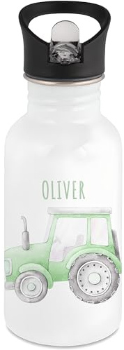 DEL MÀ Unique & Personal Traktor Trinkflasche Kinder personalisiert mit Namen Jungen Edelstahl Flasche mit Strohhalm Trecker Wasserflasche für Schule Kindergarten 500 ml