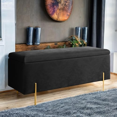 Harveys Plain Luxurious Velvet Ottoman Storage Bench, With Legs, Black | 116 L storage capacity engineered wood frame and plush upholstery; supports up to 250 kg for bedrooms, hallways and lounges.