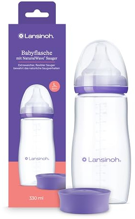 Lansinoh Babyflasche mit NaturalWave Sauger L, 330 ml | Flasche für Babys ab 6 Monaten, Anti-Kolik-Ventil, BPA-frei