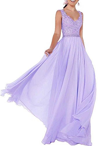 Beyonddress Damen Chiffon Abendkleider Lang Hochzeit V-Ausschnitt Brautkleid Ballkleider Brautjungfern Kleider(Lavendel,32)