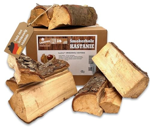 Landree Kastanie Smoker-Holz 4 kg - 20 cm Scheitlänge - Premium Räucherholz, naturbelassen & trocken für Smoker und Grill, Qualität aus Schleswig Holstein