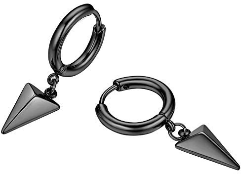 Flongo Herren Ohrstecker Creolen Damen Ohrringe Ohrhänger aus Edelstahl in Schwarz Stecker mit hängenden Triangel Pyramide Anhänger Männer, Frauen