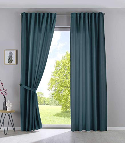 2er Set Vorhänge Verdeckte Schlaufen Cationic »JENA« HxB 145x140 cm Smaragd Grün Blickdicht Leinen Optik Gardinen Meliert Gardinenband mit Raffhalter, 2019037-2