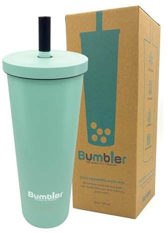 Bumbler - Taza de té de burbujas de acero inoxidable, vaso grande reutilizable de 24 onzas, respetuoso con el medio ambiente, con popote de metal de punta ancha y suave, tapa a prueba de fugas